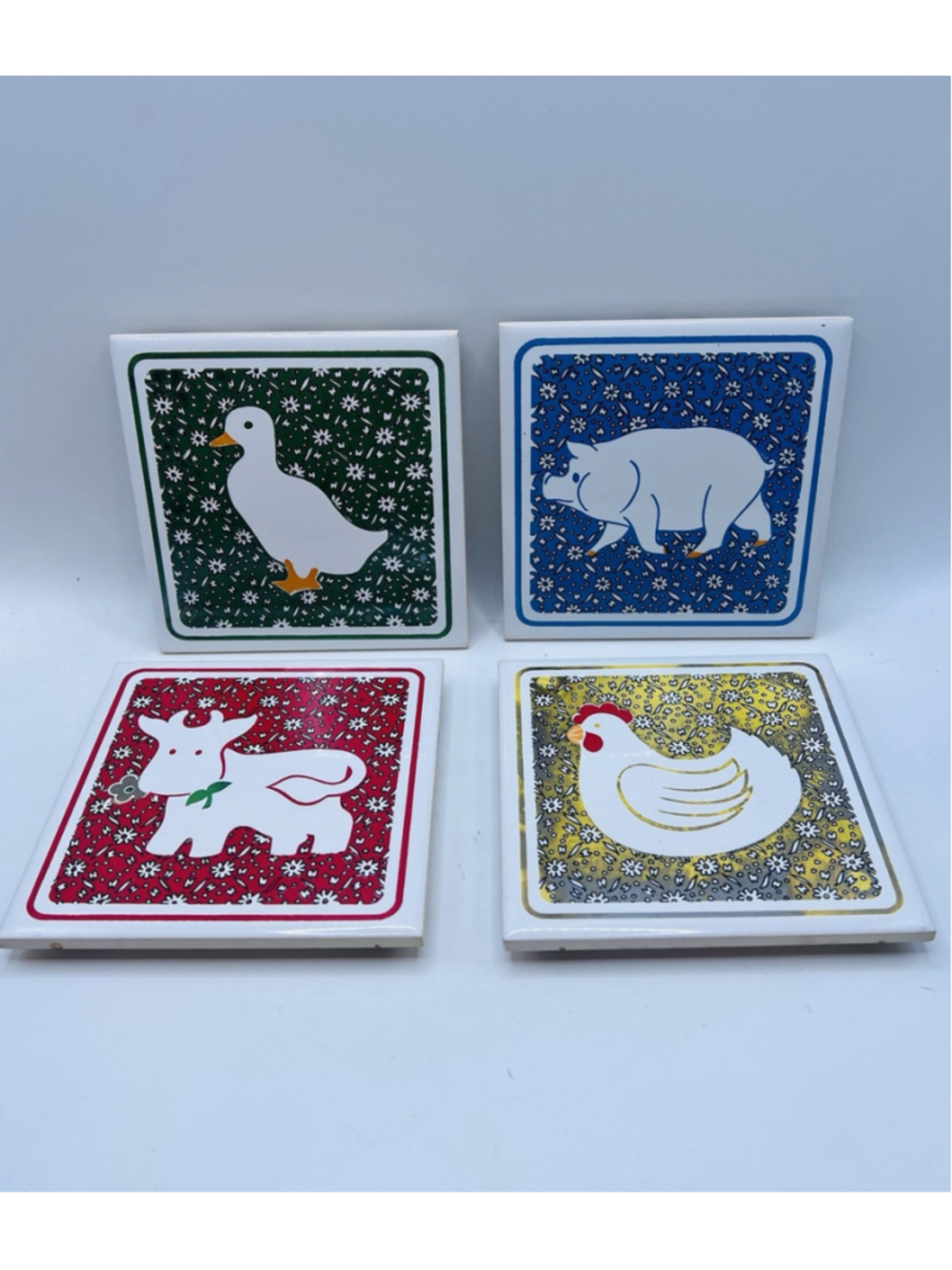 Set of (4) Country Calico Farm Tile Trivets Coasters Chick Cow Duck Pig Hanging